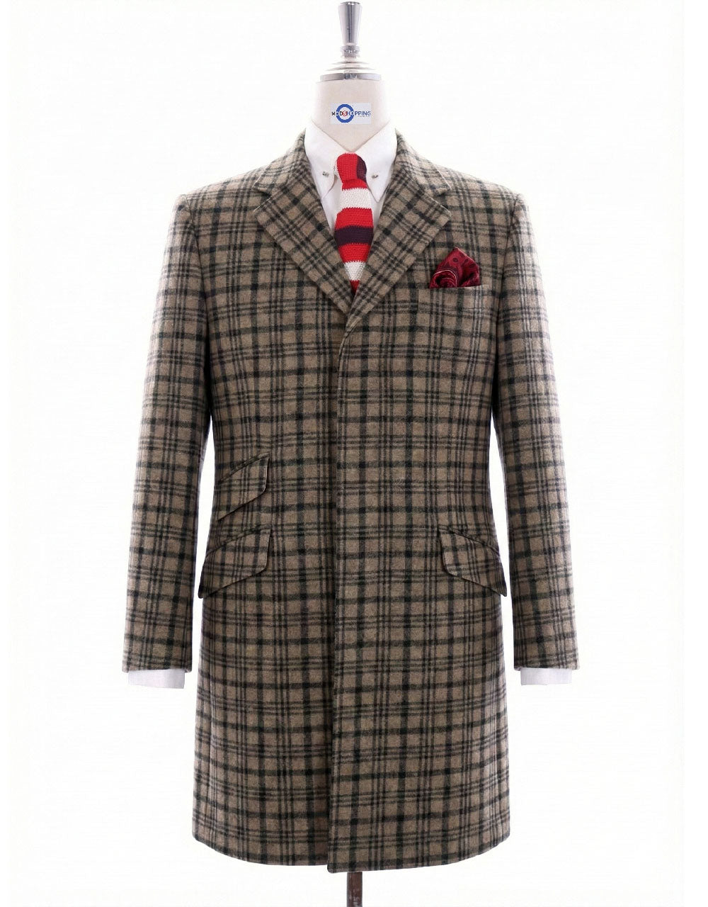 Camel and Black Check Overcoat 