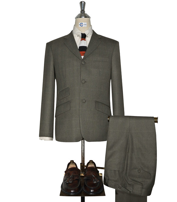 Olive Green Herringbone and Brown Windowpane Check Suit