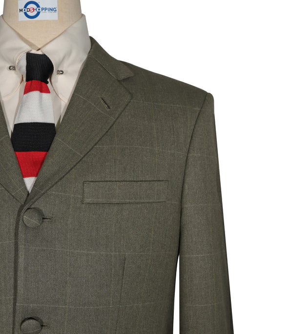 Olive Green Herringbone and Brown Windowpane Check Suit