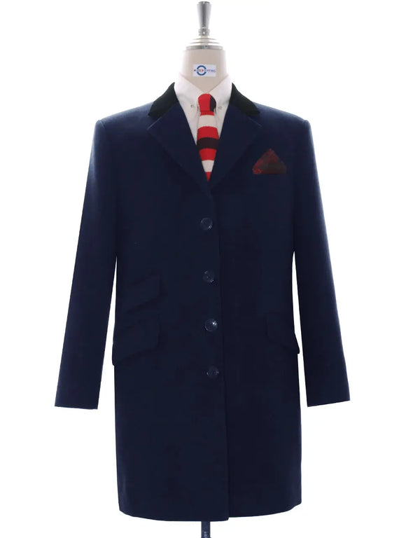Overcoat | Retro Mod Style Navy Blue Long Wool Coat Modshopping Clothing