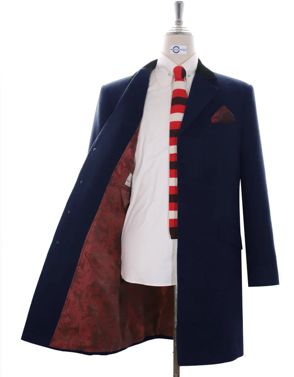 Overcoat | Retro Mod Style Navy Blue Long Wool Coat Modshopping Clothing