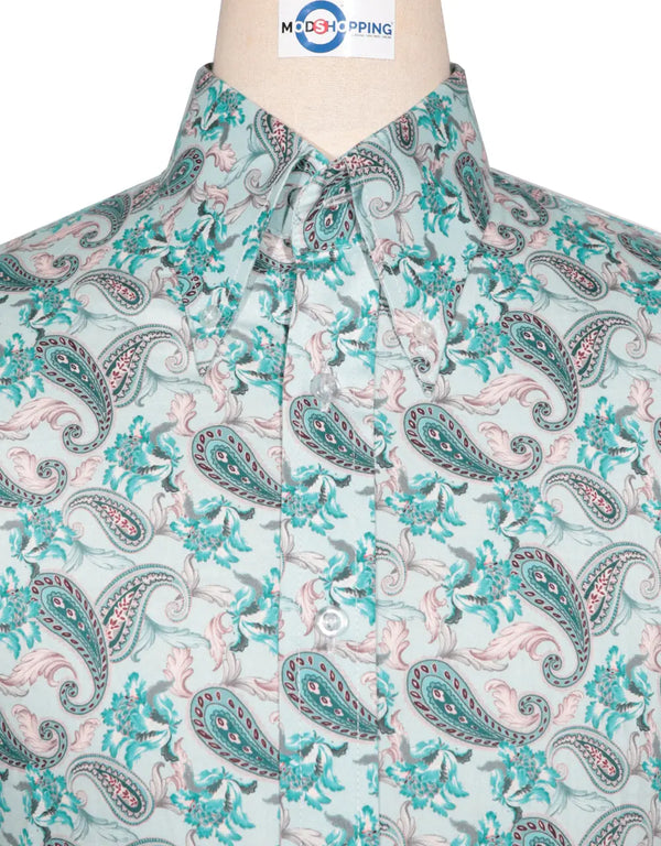 Paisley Shirt - 60s  Style Aqua Paisley Shirt Modshopping Clothing