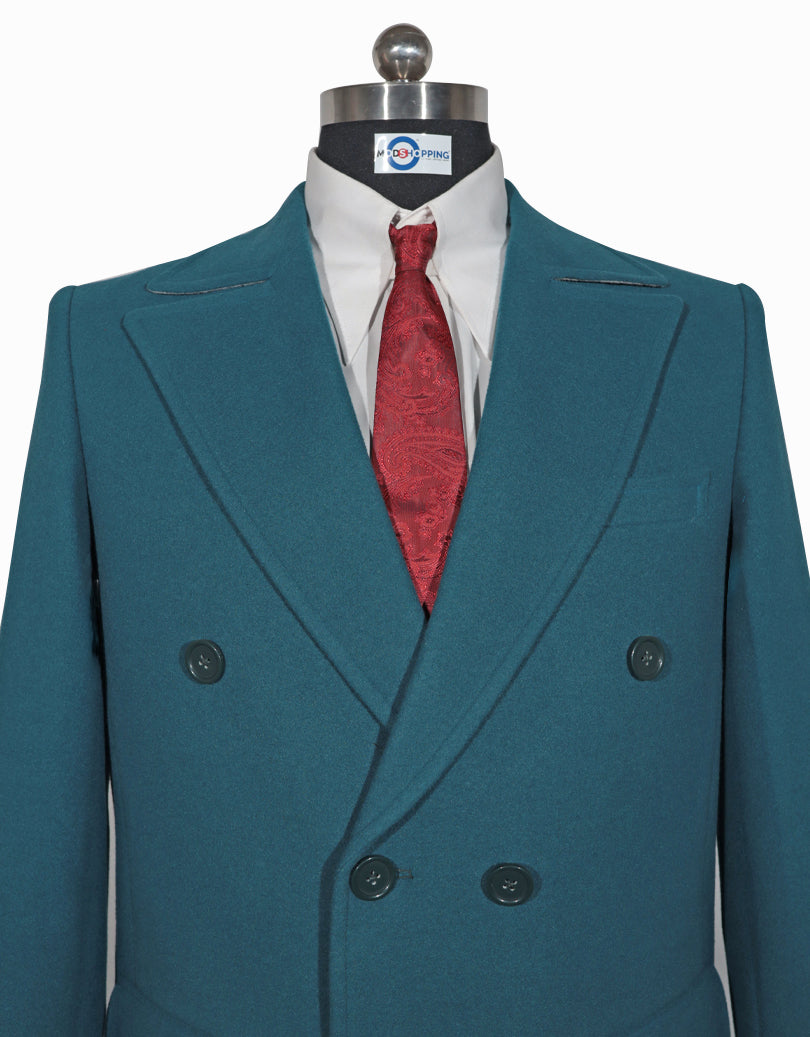Peacock Blue Double Breasted Long Coat