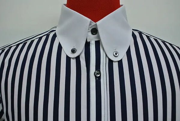 Penny Collar Shirt - Dark Navy Blue and White Striped Shirt Modshopping Clothing
