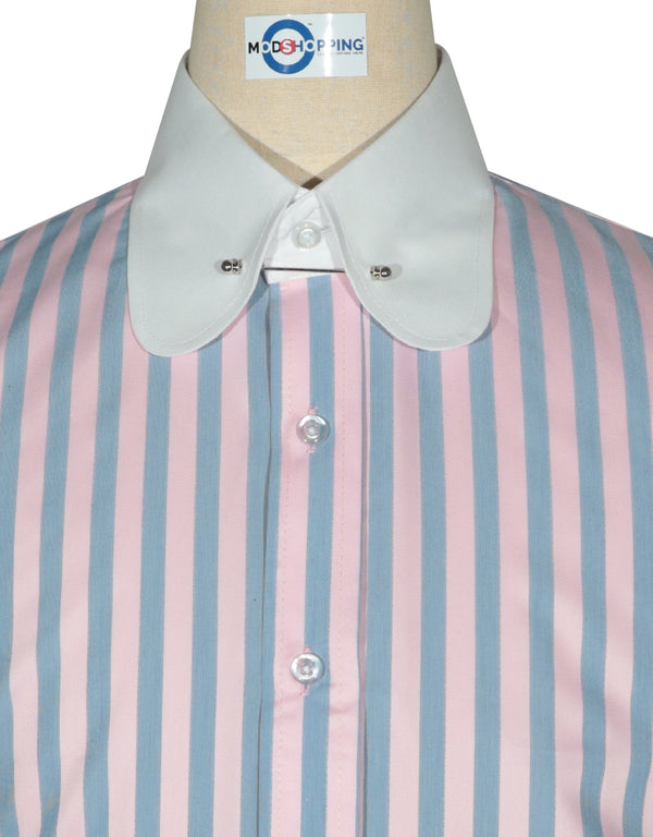 Penny Pin Collar Shirt - Pink and Navy Blue  Stripe Shirt