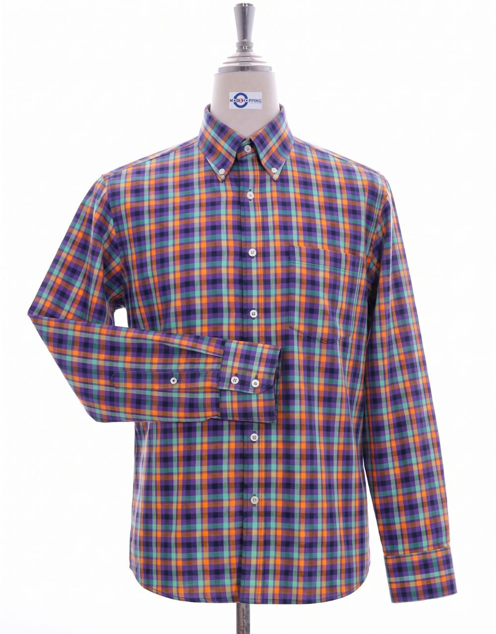 Purple, Magenta & Sky Blue Plaid Check Button Down Shirt 