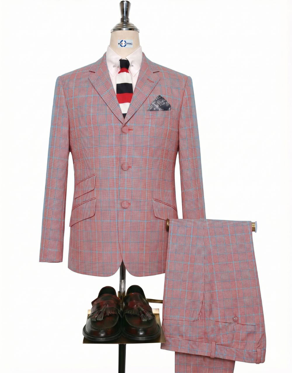 Red & Light Blue Prince of Wales Check Suit