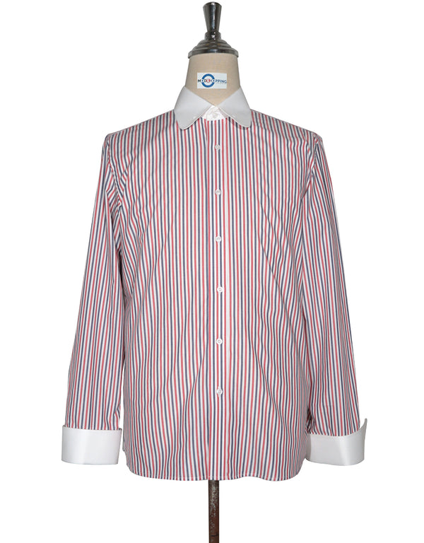 This Shirt Only - Red and Navy Blue Stripe Penny Pin Collar Shirt