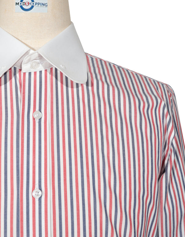 This Shirt Only - Red and Navy Blue Stripe Penny Pin Collar Shirt