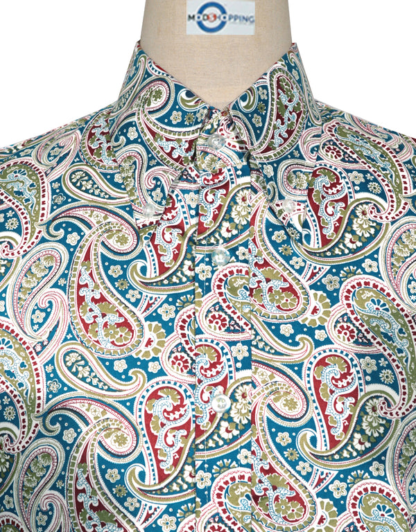 60s Style Blue Khaki and Red Paisley Shirt