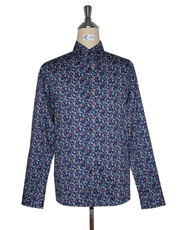 60s Style Navy Blue and Orange Paisley  Shirt