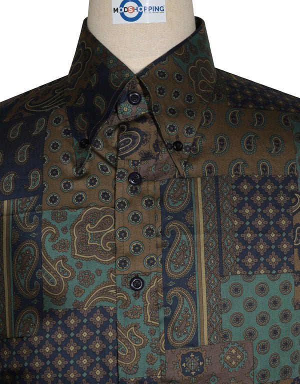 60s Style Brown, Olive Green and Navy Blue  Paisley  Shirt