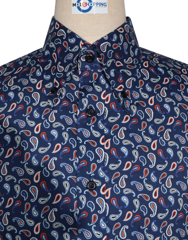 60s Style Navy Blue and Orange Paisley  Shirt