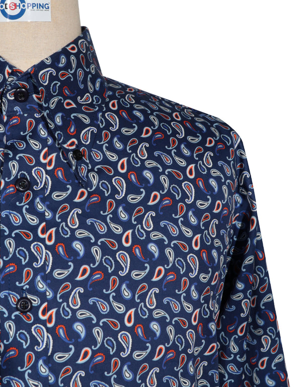 60s Style Navy Blue and Orange Paisley  Shirt