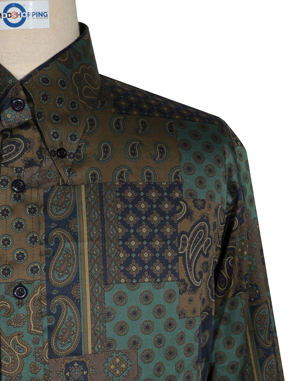 60s Style Brown, Olive Green and Navy Blue  Paisley  Shirt