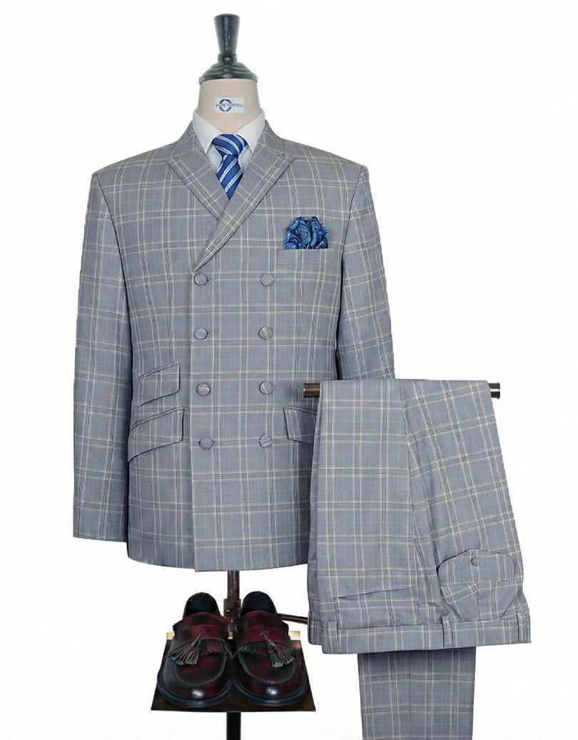 Men’s Double Breasted Suit – Sky Blue Prince of Wales Check