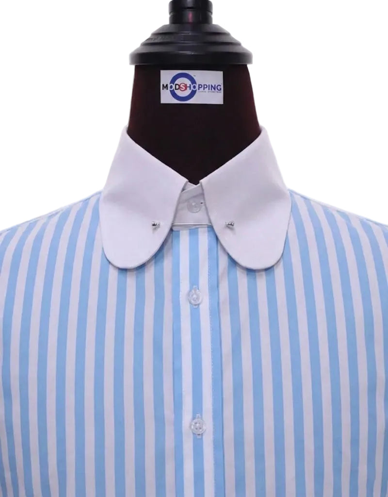 Sky Blue & White Stripe Penny Pin Collar Shirt