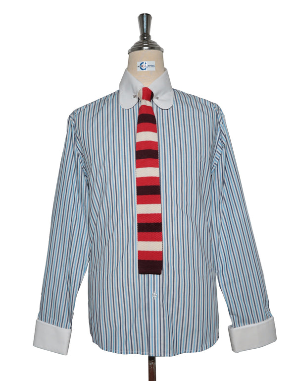 Penny Pin Collar Shirt - Sky Blue and Navy Blue Stripe Shirt