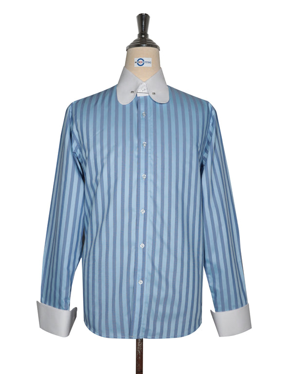 Penny Pin Collar Shirt - Sky Blue and Navy Blue  Stripe Shirt