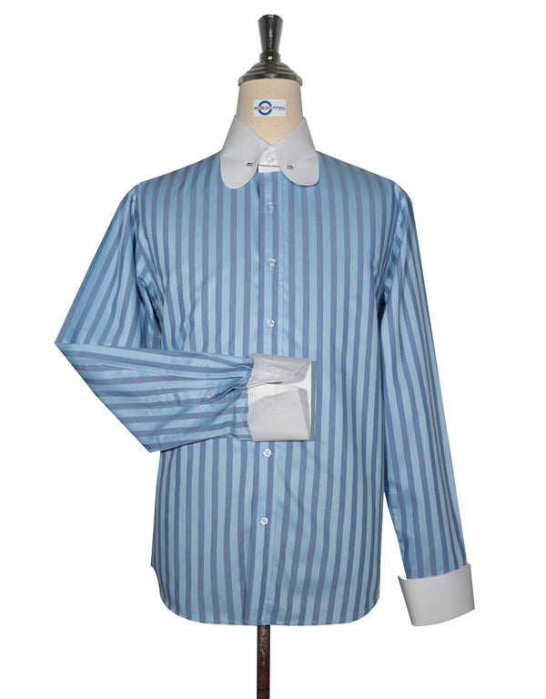 Penny Pin Collar Shirt - Sky Blue and Navy Blue  Stripe Shirt