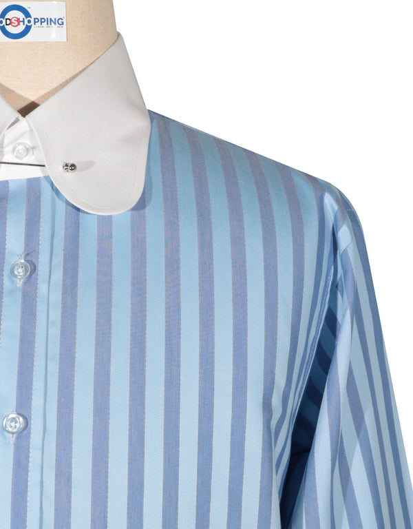 Penny Pin Collar Shirt - Sky Blue and Navy Blue  Stripe Shirt