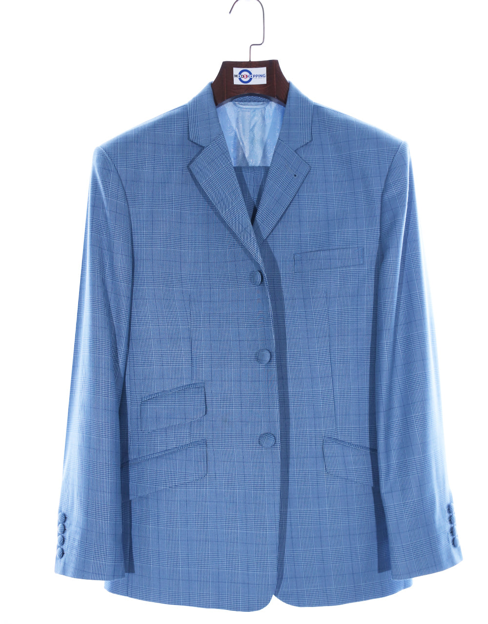 Sky Blue Prince of Wales Check 3 Piece Suit 