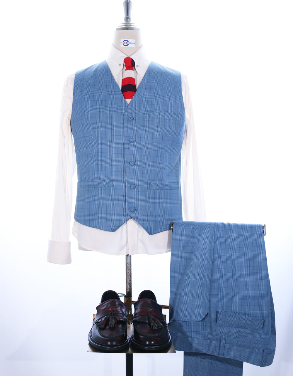 Sky Blue Prince of Wales Check 3 Piece Suit 