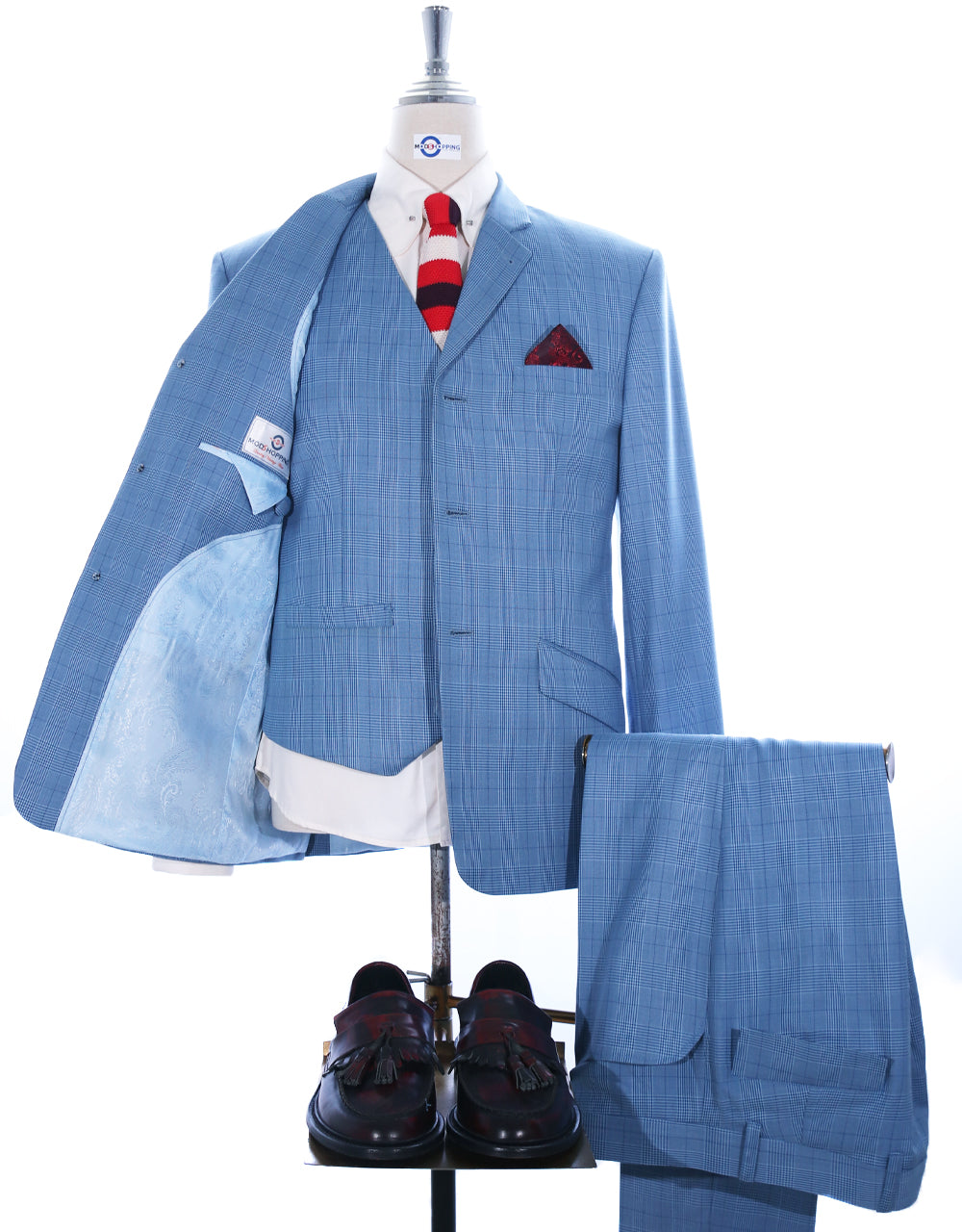 Sky Blue Prince of Wales Check 3 Piece Suit 