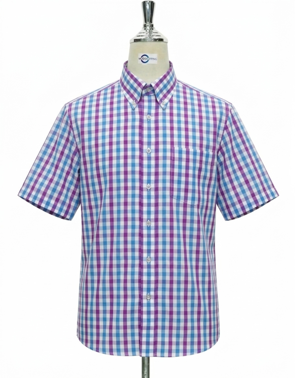 Sky Blue and  Purple Gingham Check Short Sleeve Shirt