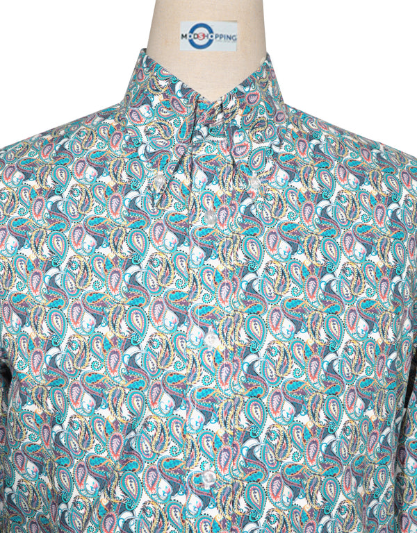 60s Style Light Sea Green and Orange Paisley Shirt