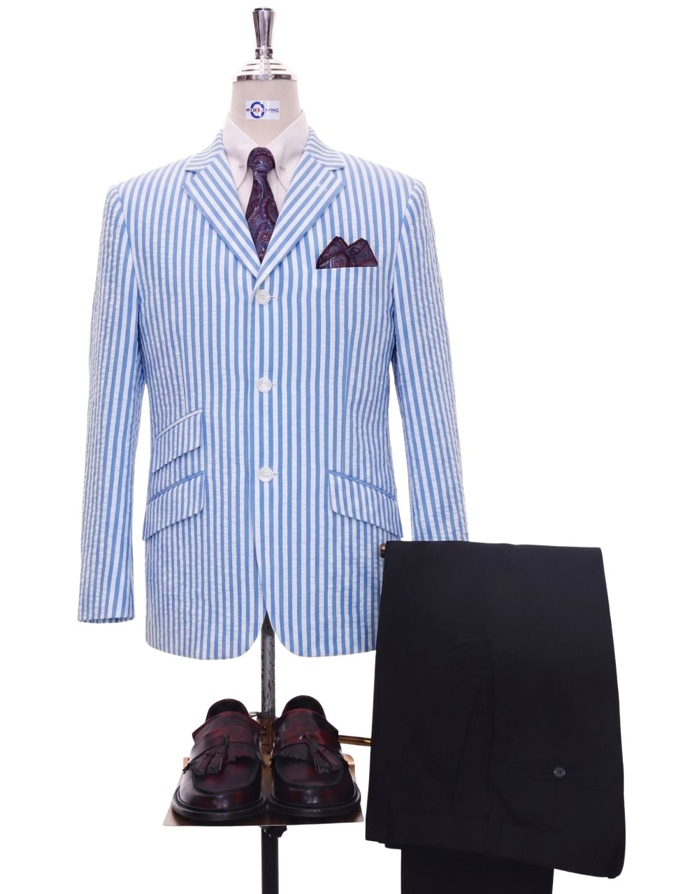Men's Seersucker Sky Blue & White Summer Blazer