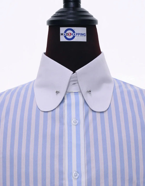 This Shirt Only - Sky Blue Stripe Penny Collar Shirt Size L Modshopping Clothing