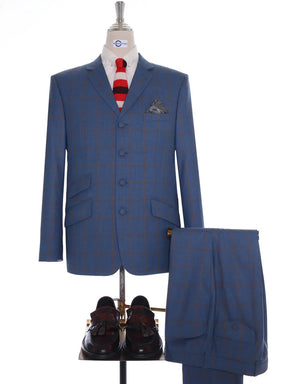 This Suit Only - Navy Blue Windowpane Check Suit - 4 Button Suit Modshopping Clothing