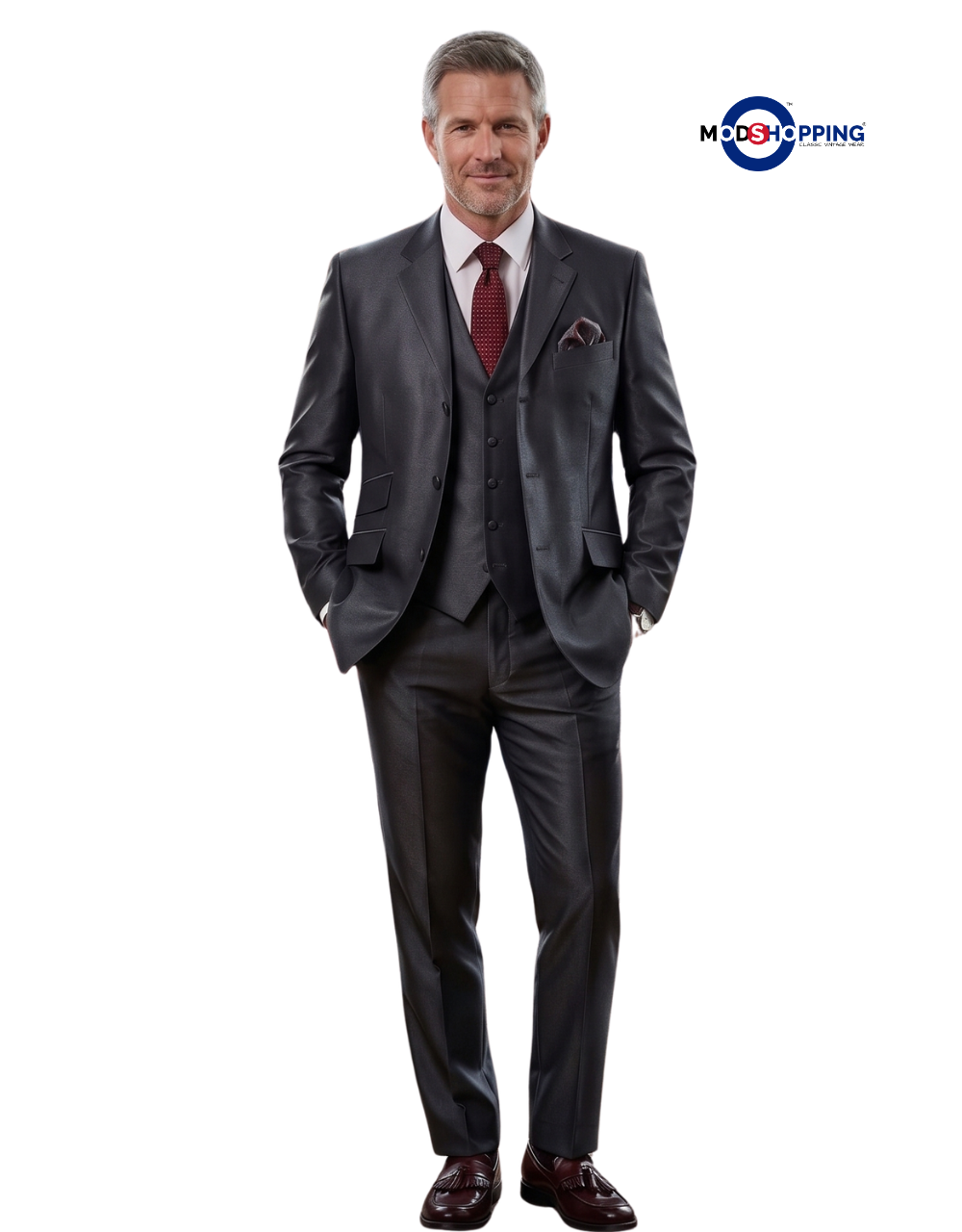 Men’s Deep Charcoal Grey Tonic Suit - 3-Button Mod Style 3-Piece Suit for Men