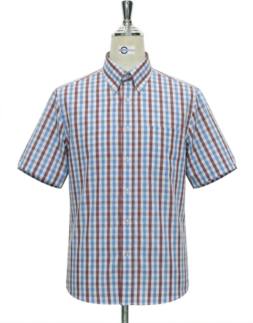 Vintage Mod Brown & Sky Blue Gingham Short Sleeve Shirt