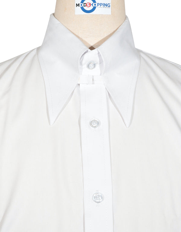 Tab Collar Shirt | White Herringbone Tab Collar Shirt