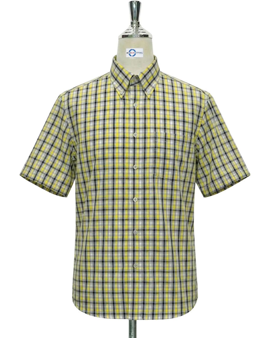 Yellow, Grey and Black Plaid Check Short Sleeve Shirt