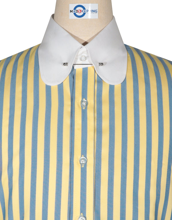 Penny Pin Collar Shirt - Yellow and Navy Blue  Stripe Shirt