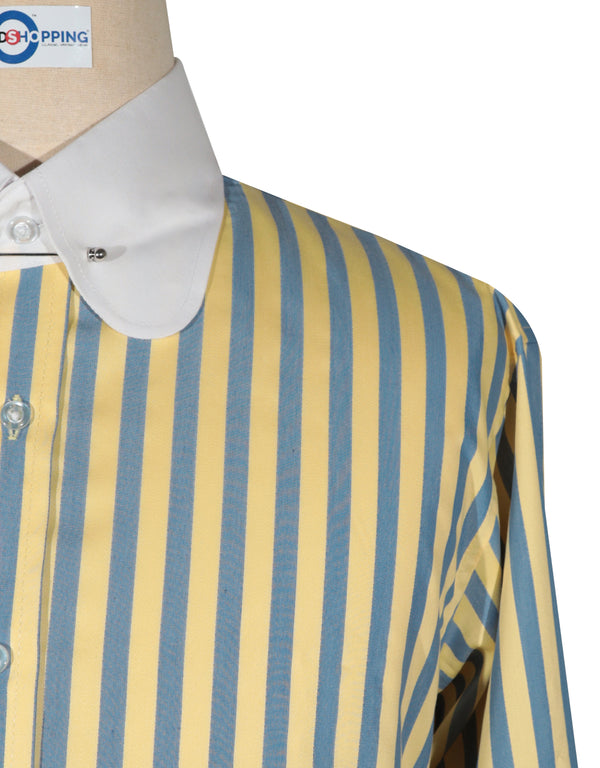 Penny Pin Collar Shirt - Yellow and Navy Blue  Stripe Shirt