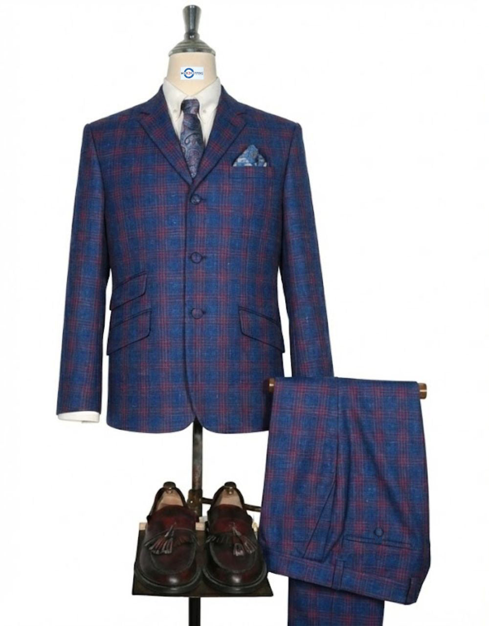 Blue and Red Plaid Check Suit