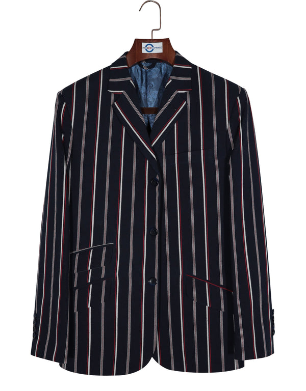 Boating Blazer - Dark Navy Blue and Red Striped Blazer