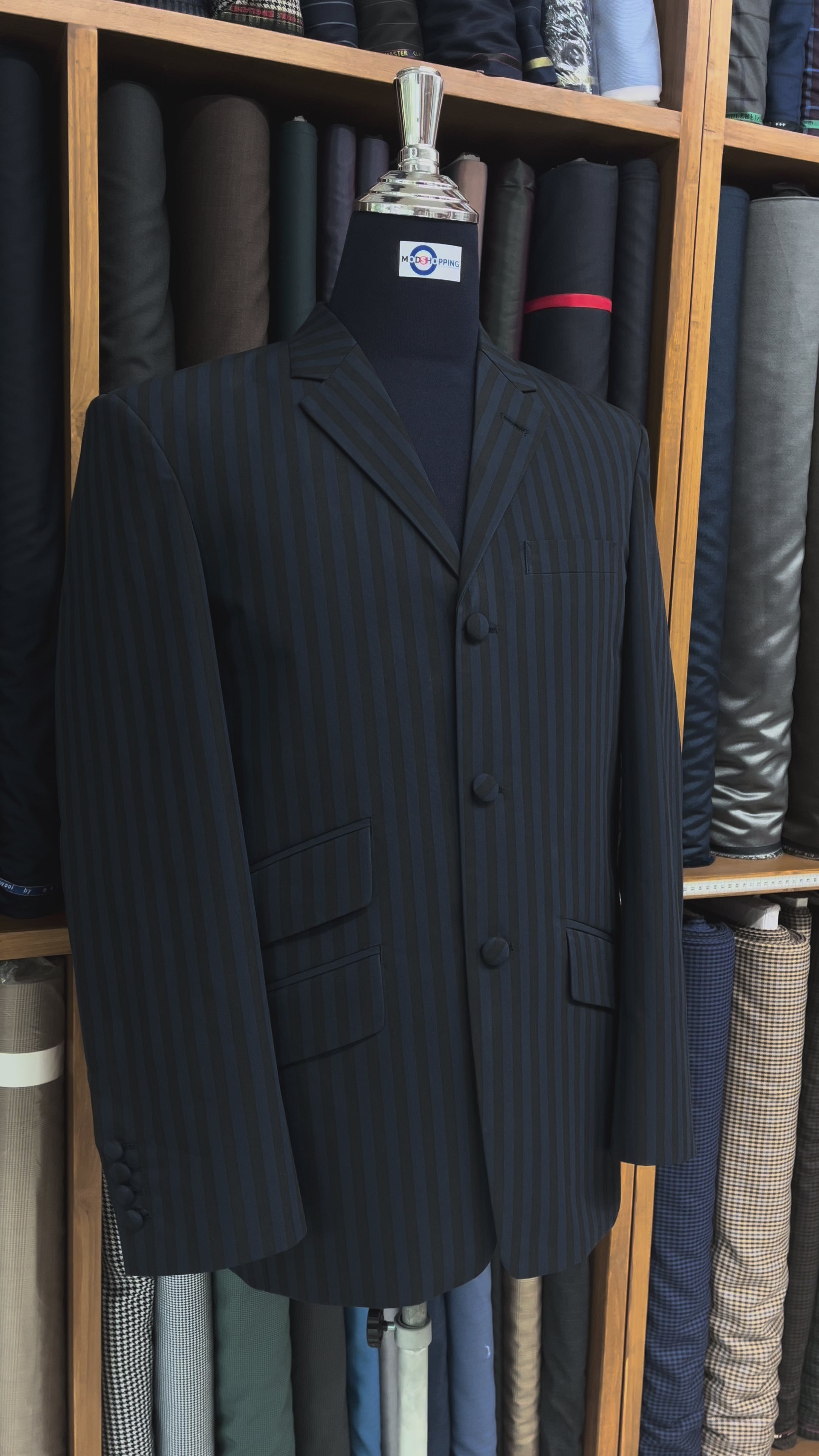 Load video: Boating Blazer - Navy Blue and Black Striped Blazer