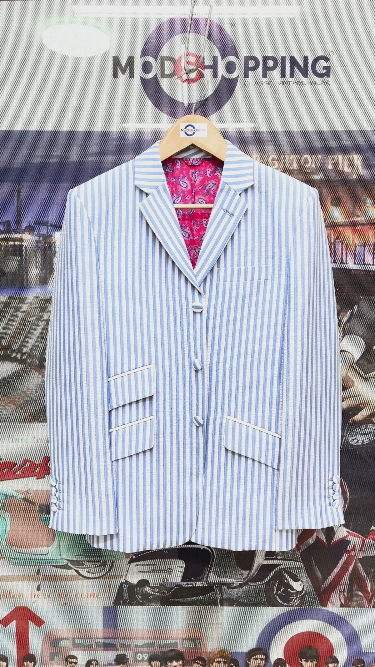 Load video: Men's Seersucker Sky Blue &amp; White Summer Blazer