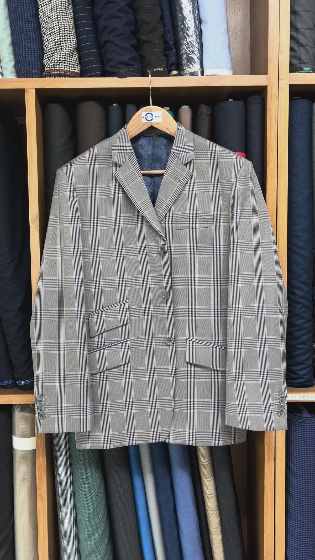 Load video: Light Grey Glen Paid Check Suit