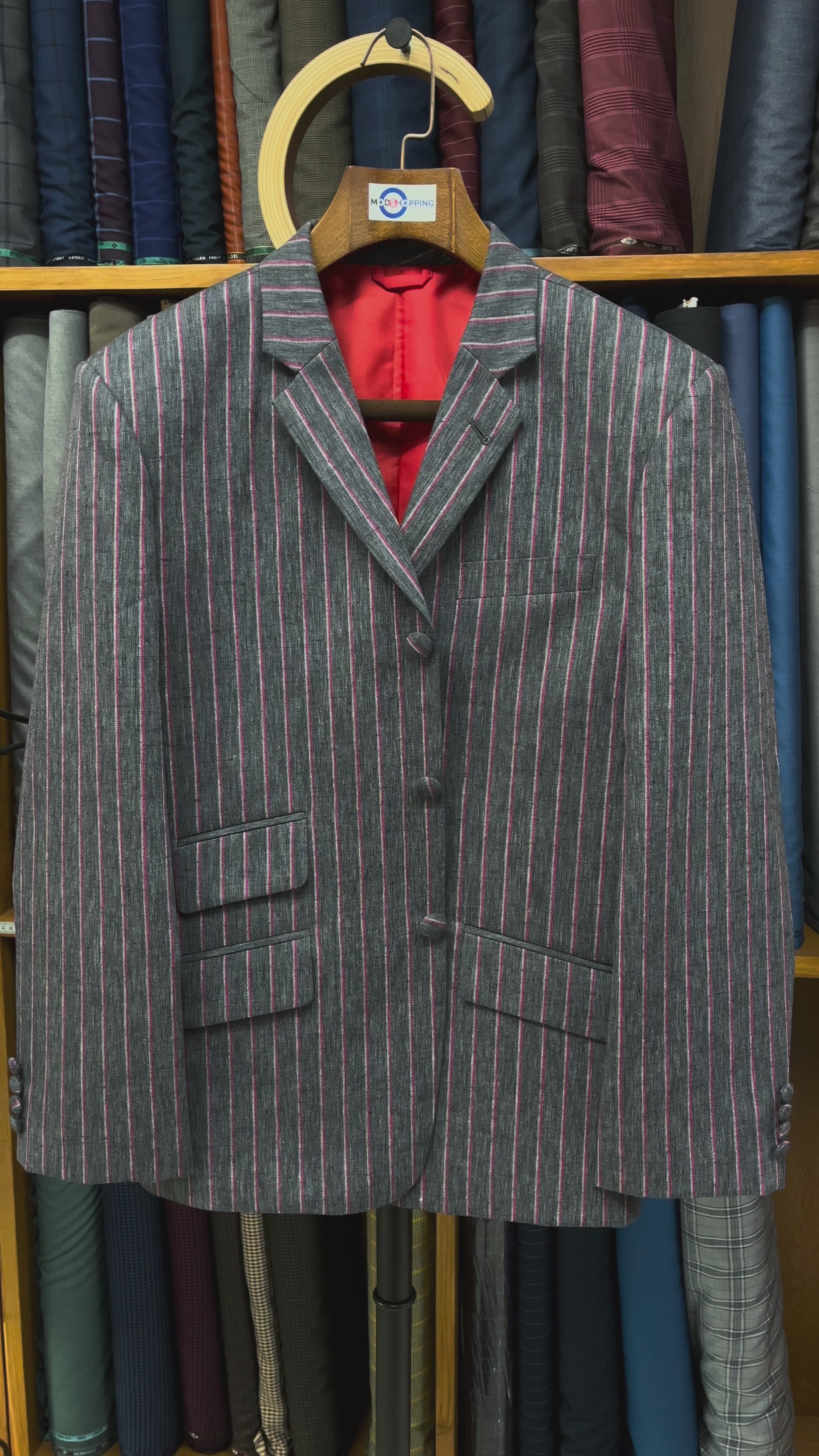 Load video: Boating Blazer - Charcoal Grey and Pink Striped Blazer