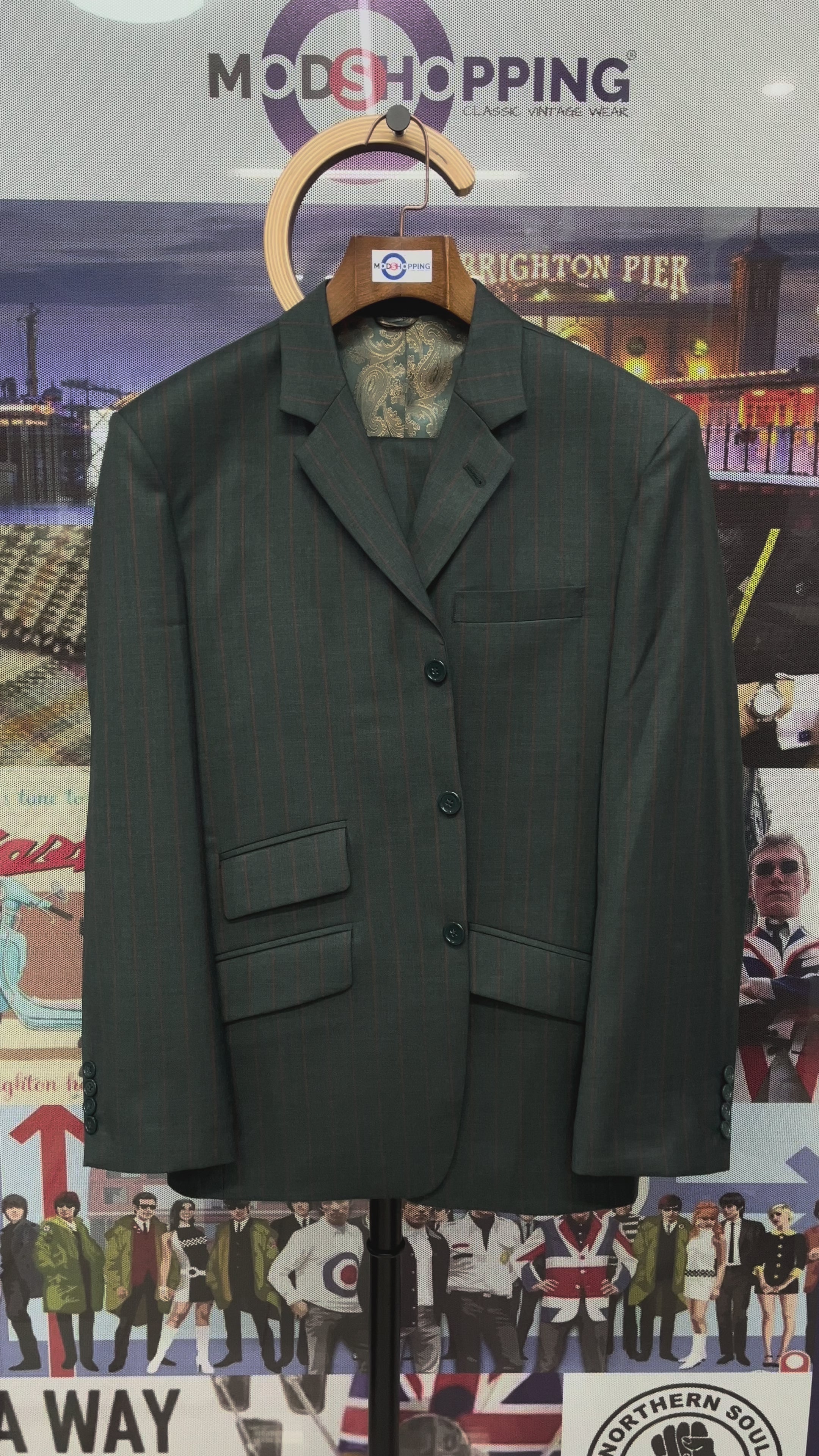 Load video: Men’s Double Breasted Suit – Olive Green and Burnt Orange Striped