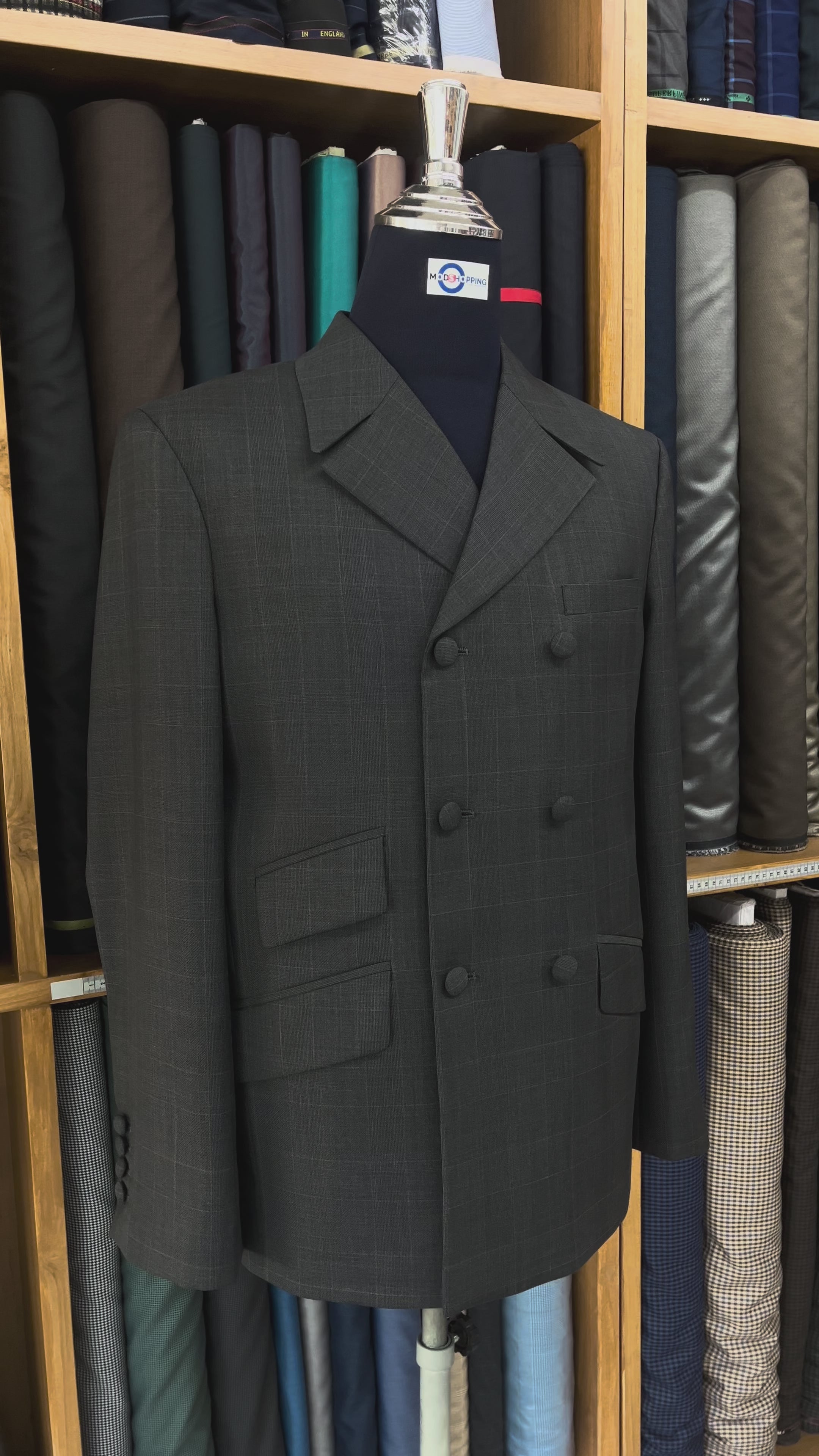 Load video: Mod Suit - Charcoal Grey POW Check Double Breasted Suit