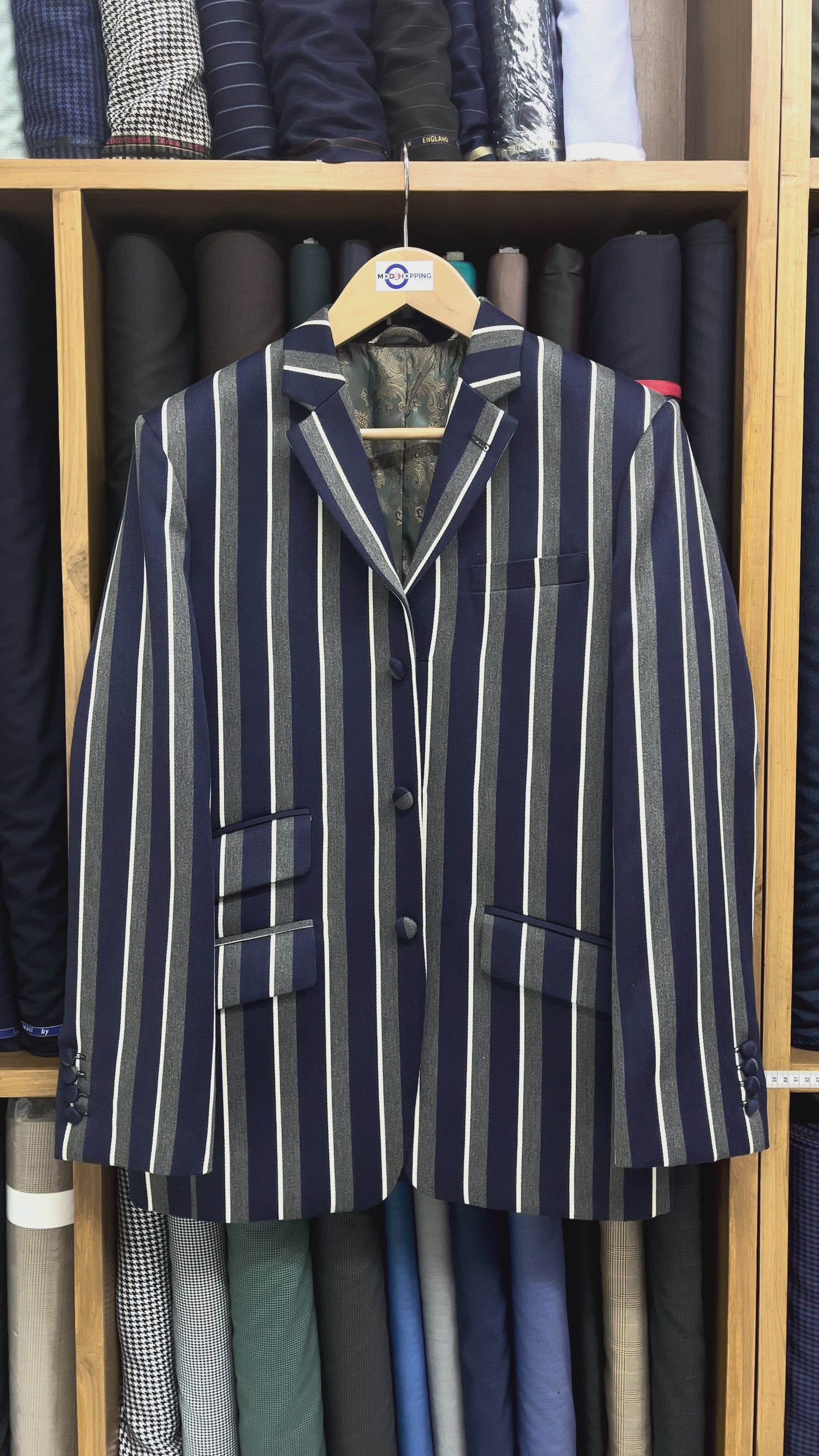 Load video: Boating Blazer | Navy Blue Grey and White Striped Blazer
