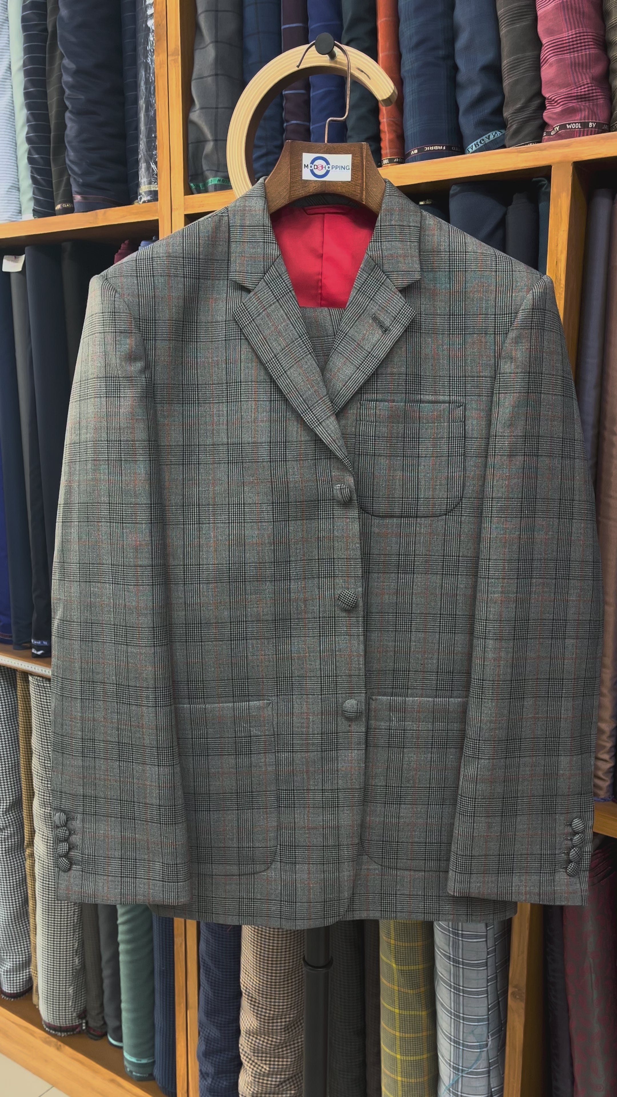 Load video: Grey &amp; Burnt Orange Prince of Wales Check Suit with Patch Pockets