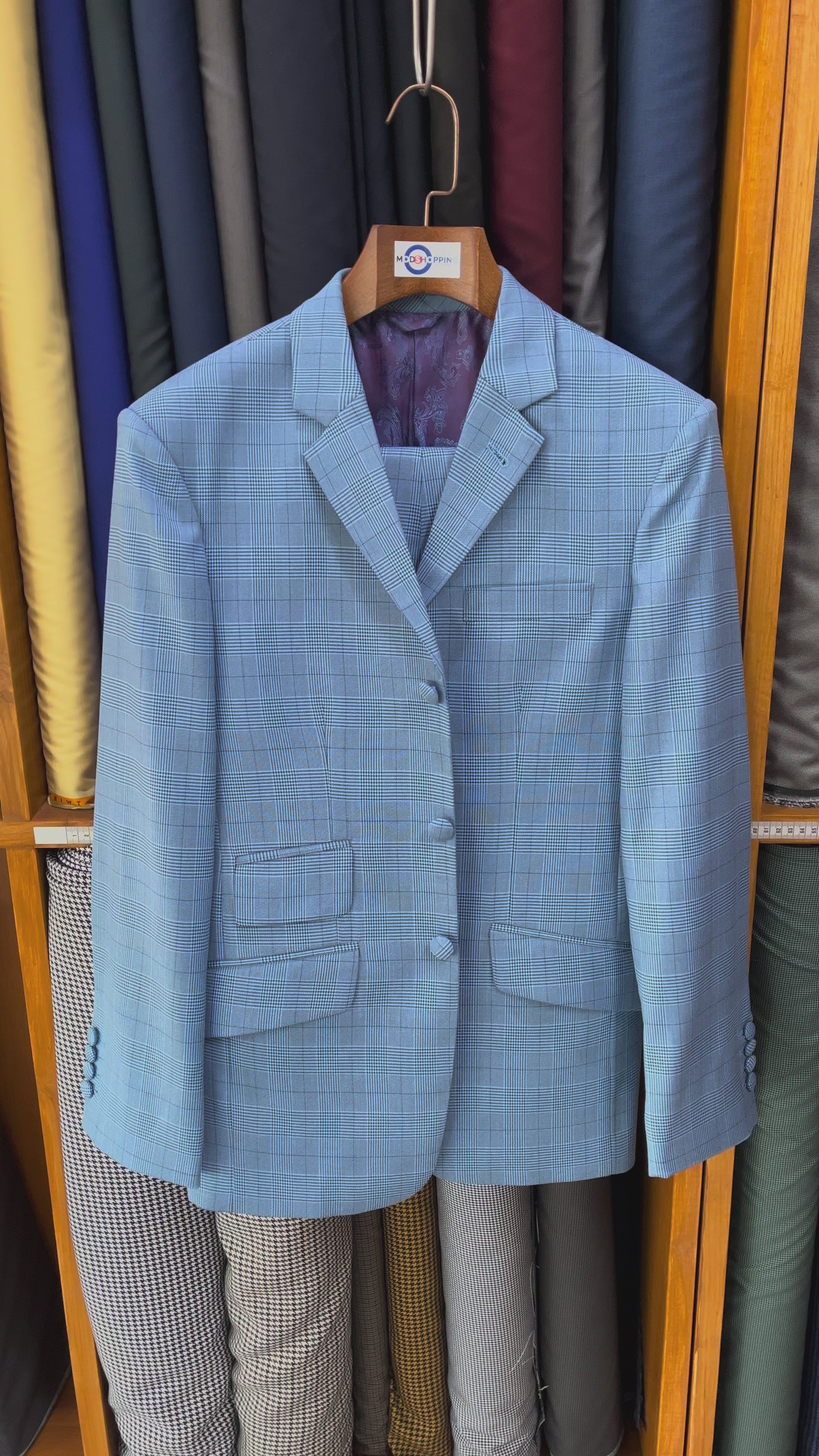 Load video: Mod Suit - Sky Blue Prince of Wales Check Suit
